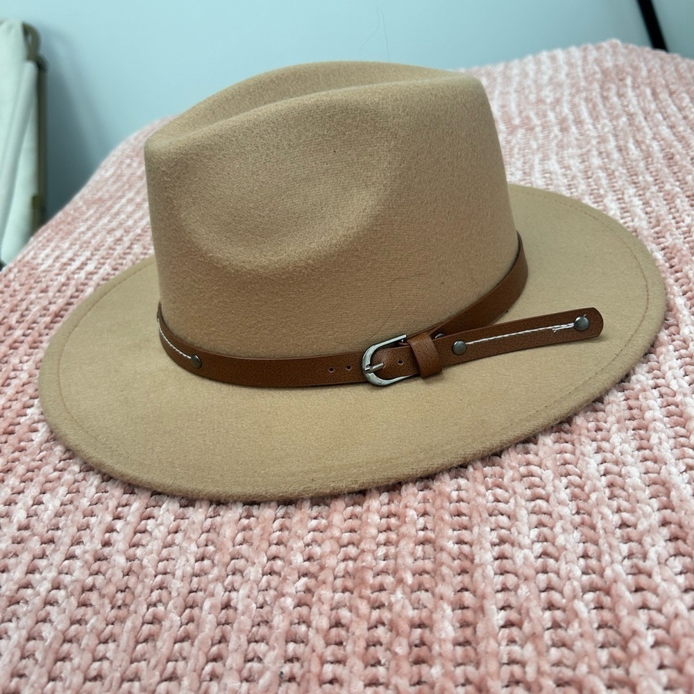 New Wide Brim Fedora Hat Classic Outdoor Tan Brown Hats w Belt Buckle Wool